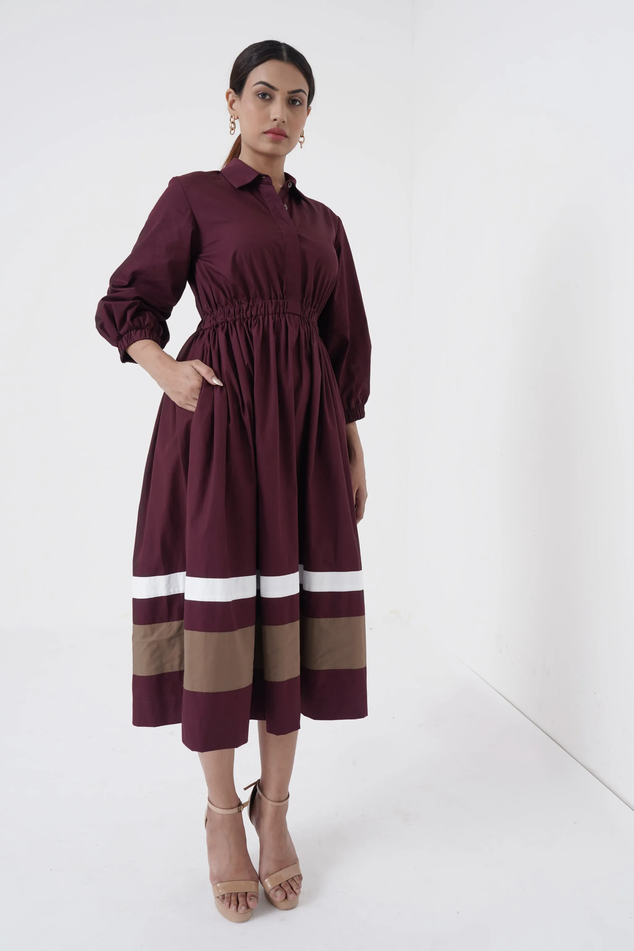 Kosher - Shirt collar waist elastic, two contrast stripe - Wine