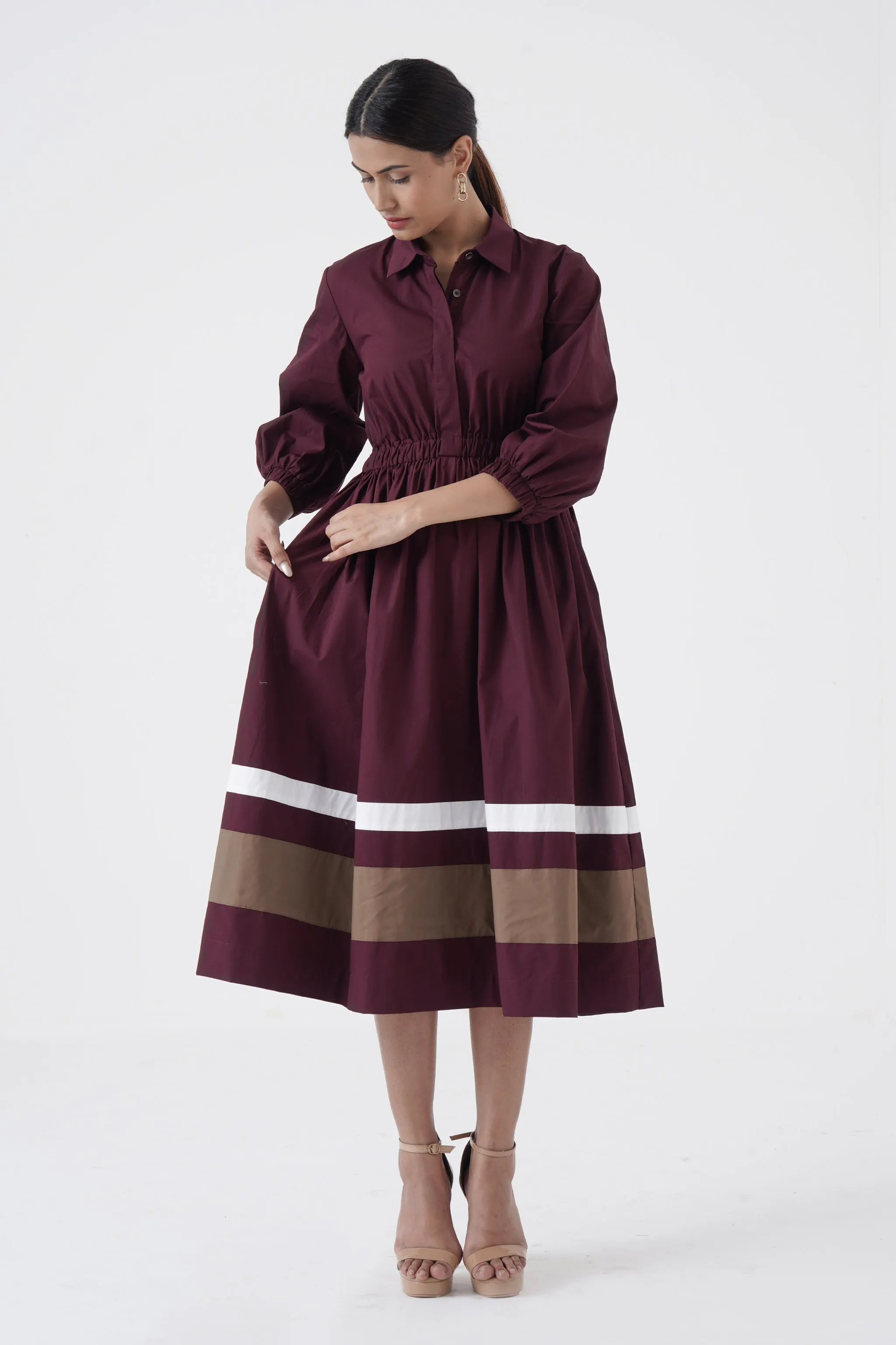 Kosher - Shirt collar waist elastic, two contrast stripe - Wine