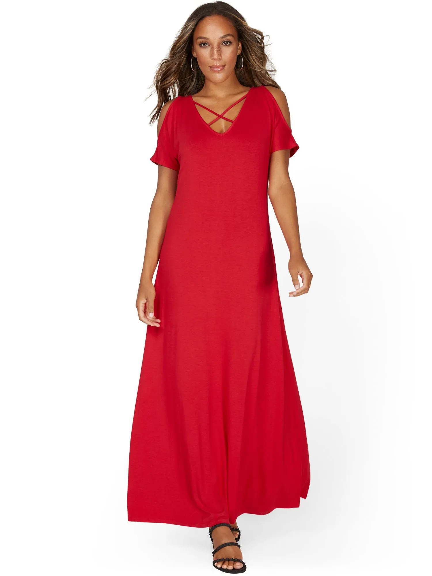 Lattice Cold-Shoulder Maxi Dress