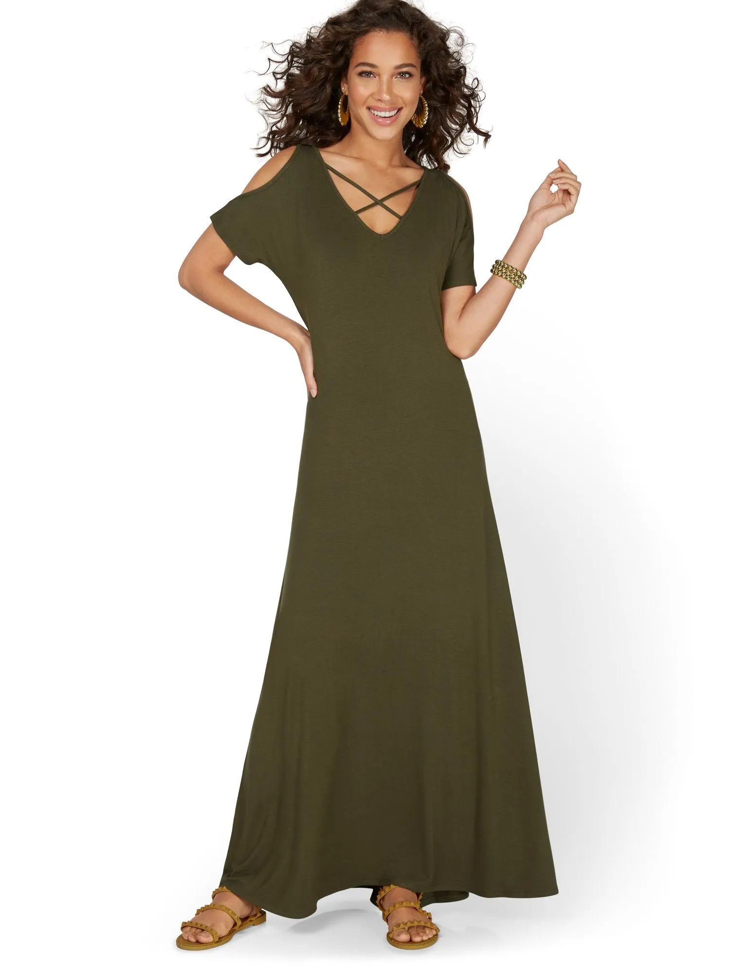 Lattice Cold-Shoulder Maxi Dress