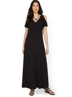 Lattice Cold-Shoulder Maxi Dress