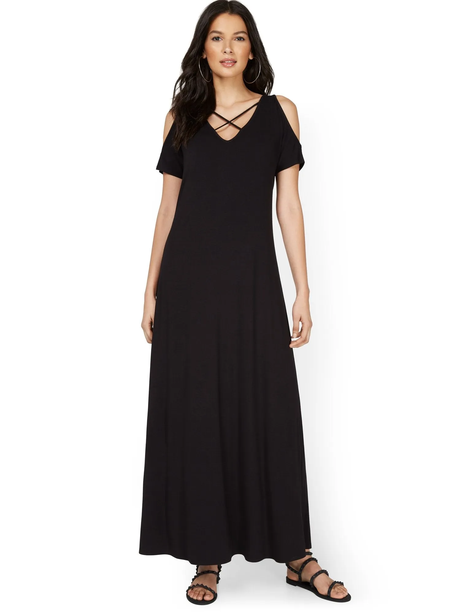 Lattice Cold-Shoulder Maxi Dress