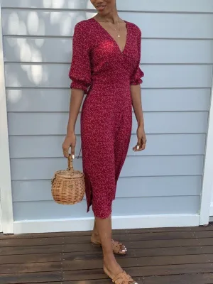 Lia Red Vintage Floral Wrap Dress