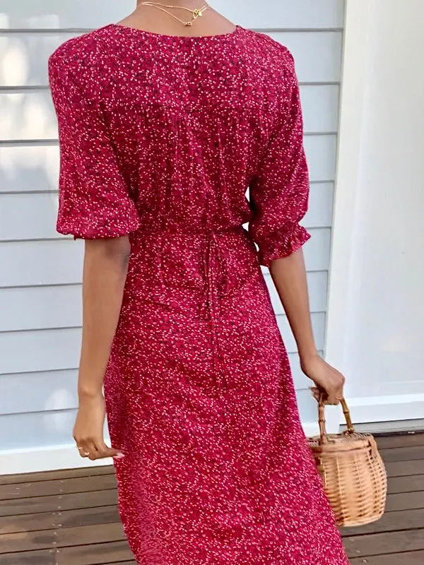 Lia Red Vintage Floral Wrap Dress