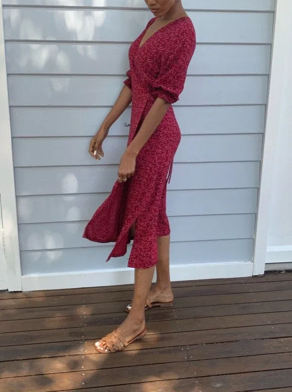 Lia Red Vintage Floral Wrap Dress
