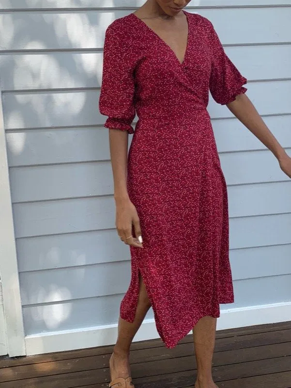 Lia Red Vintage Floral Wrap Dress