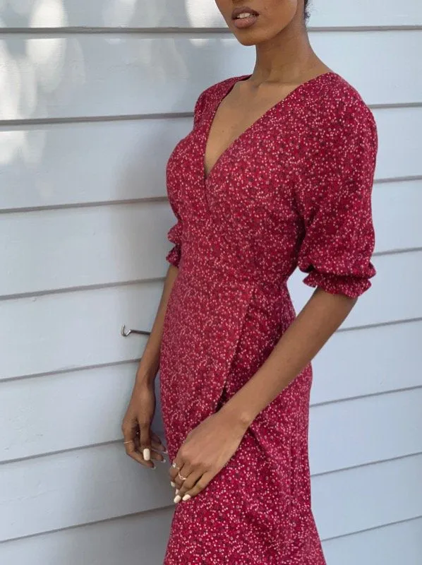 Lia Red Vintage Floral Wrap Dress
