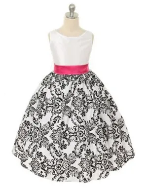 Lovely Dress with Black Velvet Flocked Damask On White Taffeta - Fuchsia
