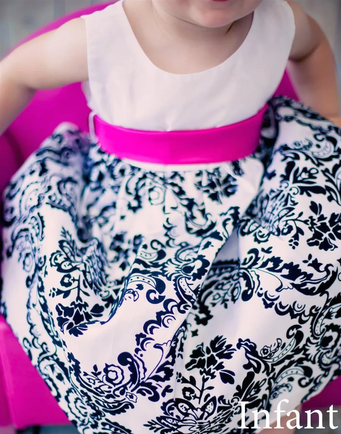 Lovely Dress with Black Velvet Flocked Damask On White Taffeta - Fuchsia