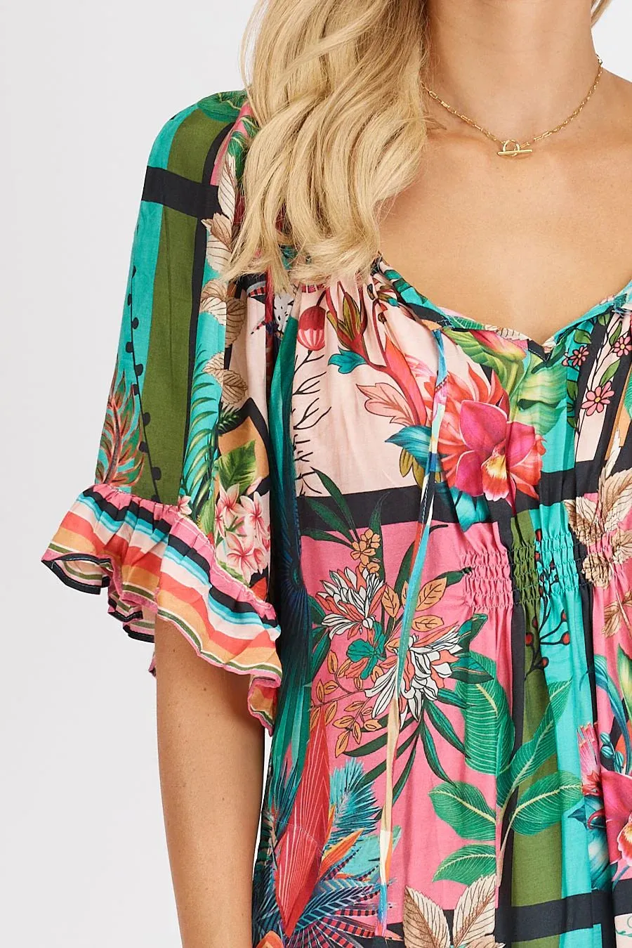 Lula Life Jamison Shirred Dress Tropical Multi