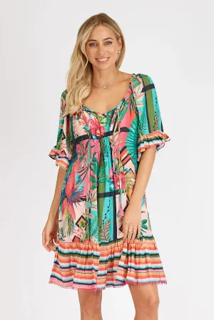 Lula Life Jamison Shirred Dress Tropical Multi