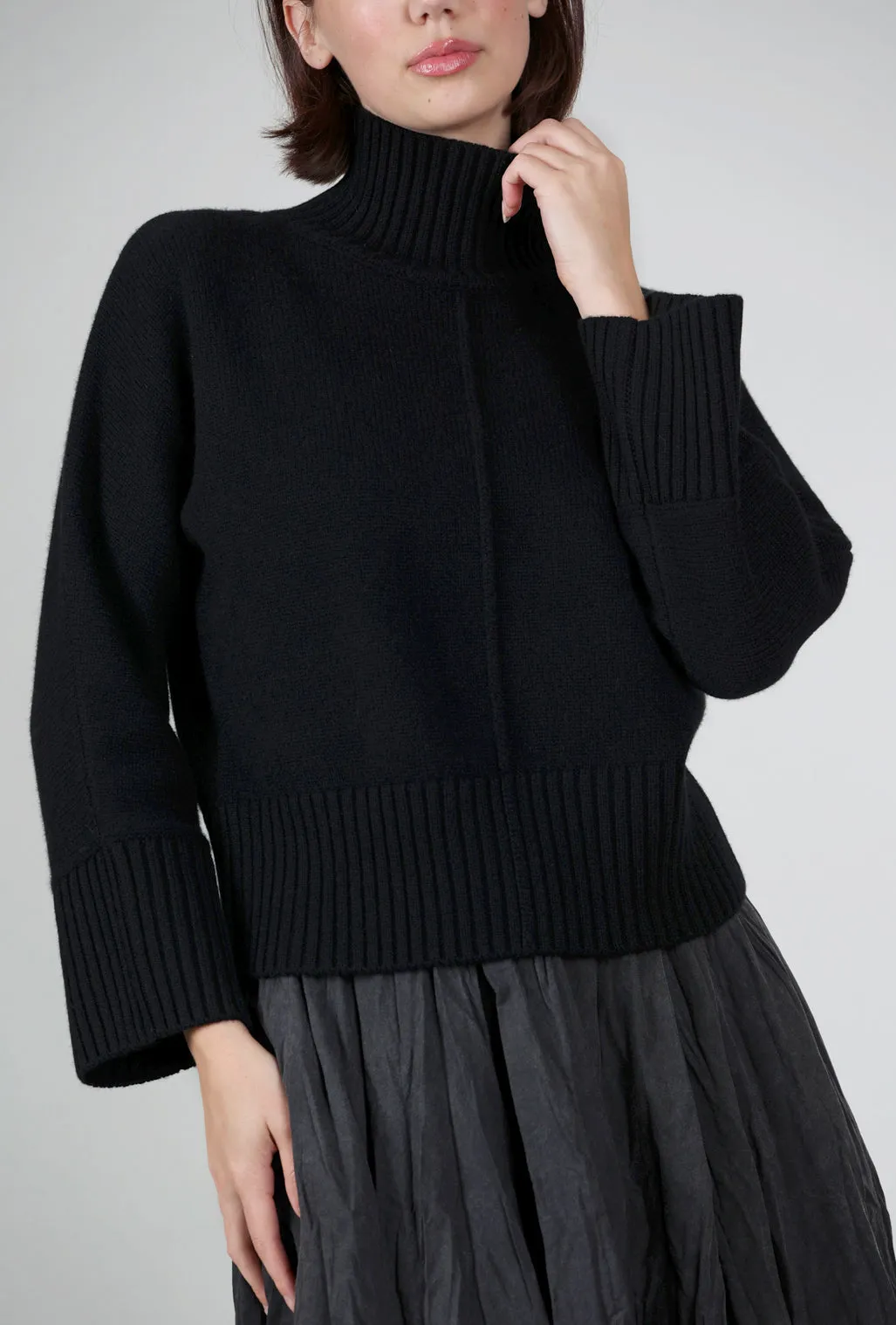Luxe Cashmere Rib Trim Mockneck, Black