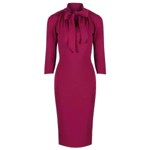 Magenta 3/4 Sleeve Tie Neck Bodycon Pencil Dress