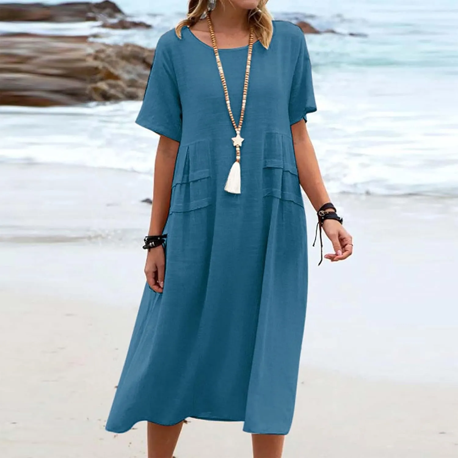 maisdgop Long Dresses for Women Casual Cotton Linen Midi Dress Lightweight Cozy Summer Crewneck Short Sleeve Flowy Sundress
