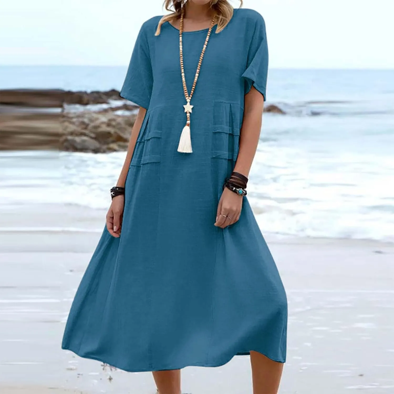 maisdgop Long Dresses for Women Casual Cotton Linen Midi Dress Lightweight Cozy Summer Crewneck Short Sleeve Flowy Sundress