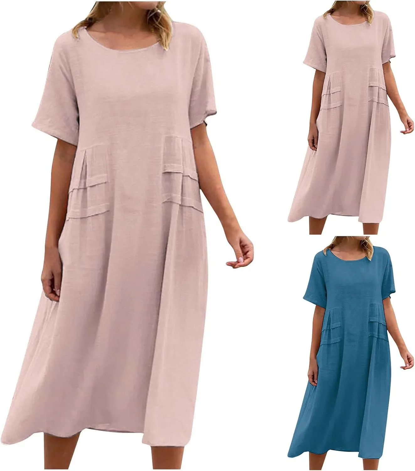 maisdgop Long Dresses for Women Casual Cotton Linen Midi Dress Lightweight Cozy Summer Crewneck Short Sleeve Flowy Sundress