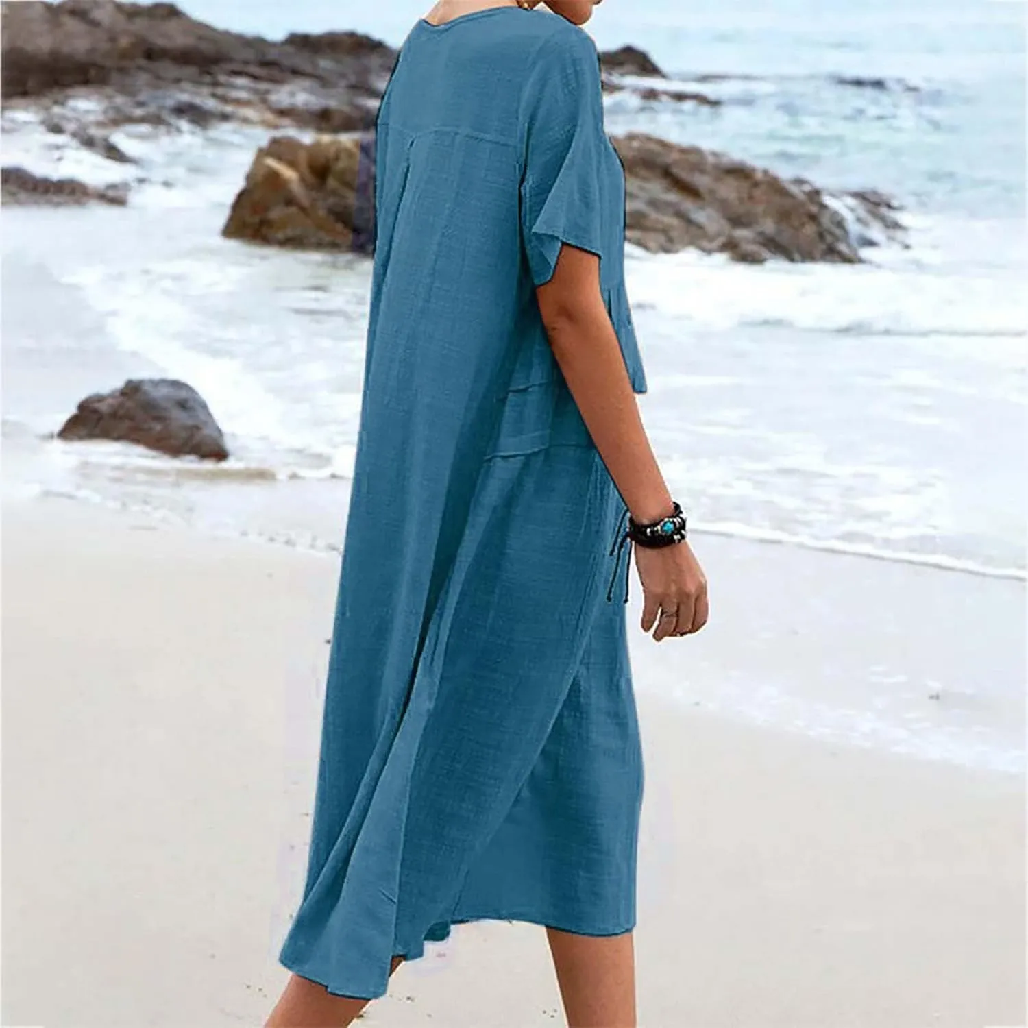 maisdgop Long Dresses for Women Casual Cotton Linen Midi Dress Lightweight Cozy Summer Crewneck Short Sleeve Flowy Sundress