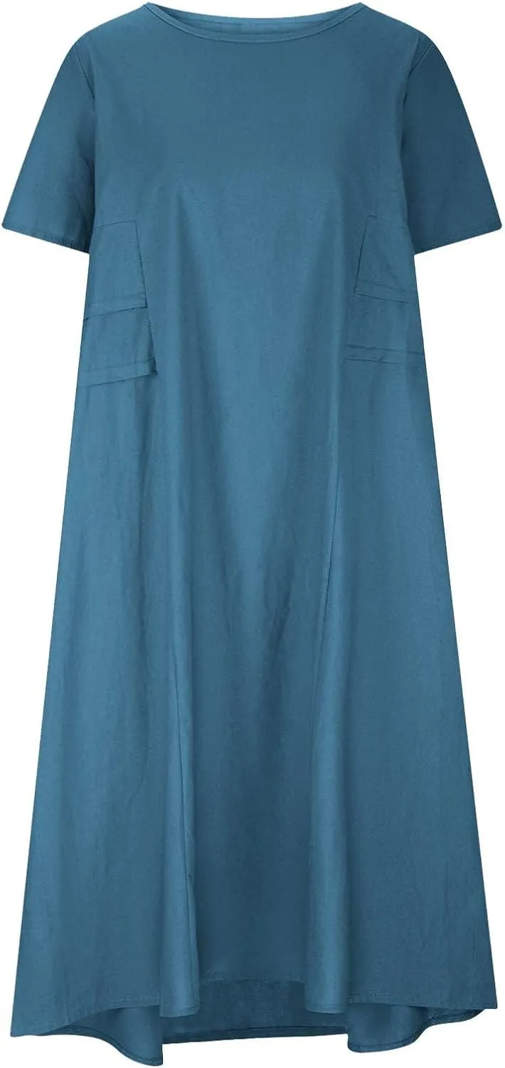 maisdgop Long Dresses for Women Casual Cotton Linen Midi Dress Lightweight Cozy Summer Crewneck Short Sleeve Flowy Sundress