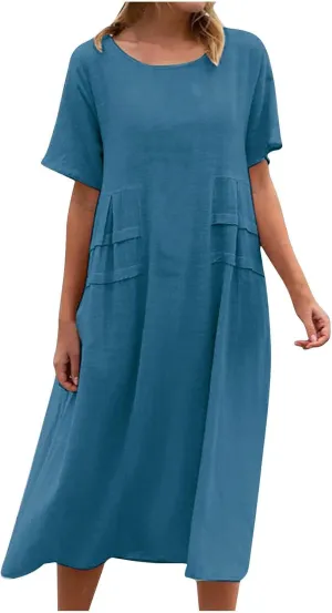 maisdgop Long Dresses for Women Casual Cotton Linen Midi Dress Lightweight Cozy Summer Crewneck Short Sleeve Flowy Sundress