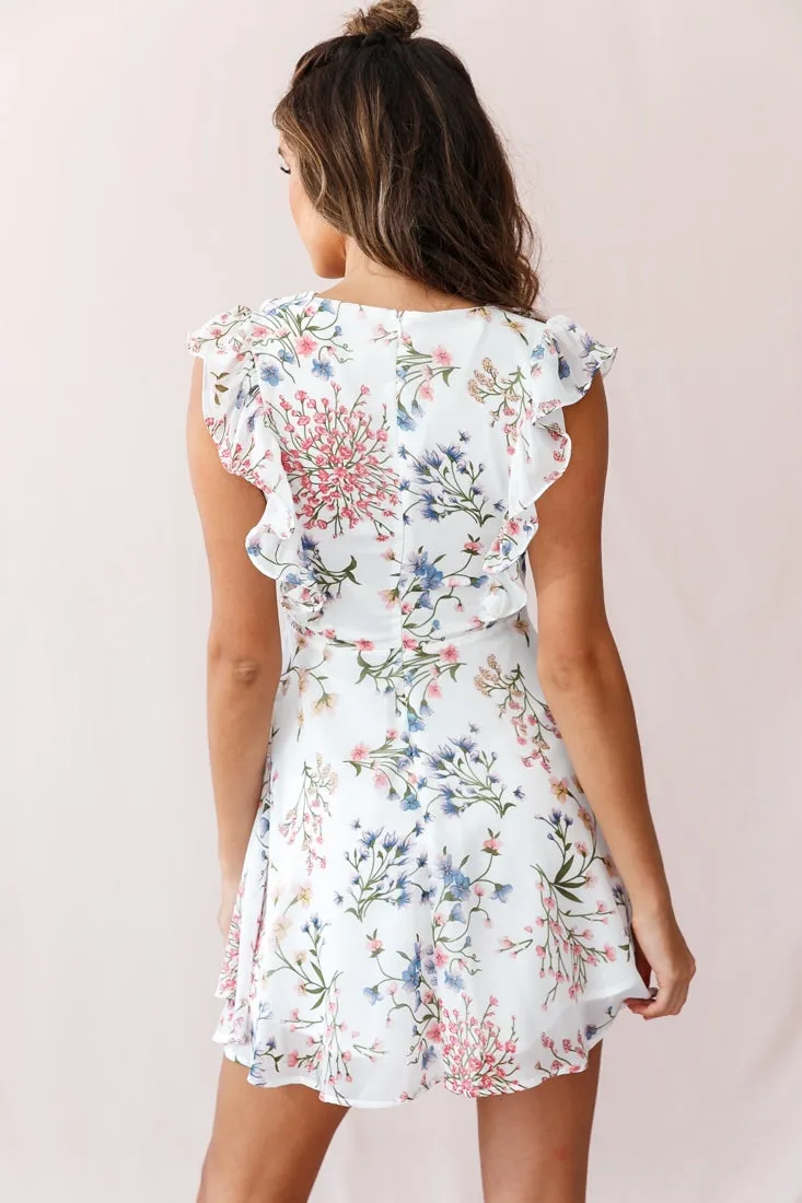 Maison Lace-Up Bust Ruffle Dress Ivory Floral