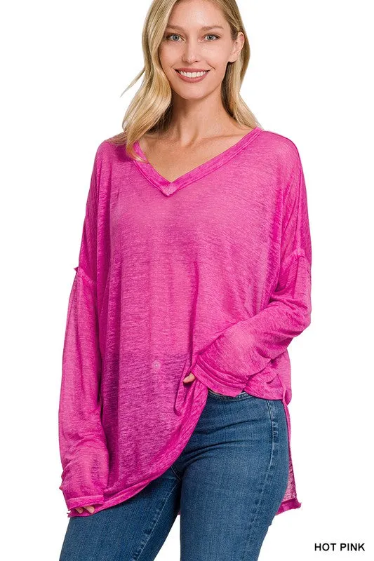 Melange Burnout Dolman Sleeve V-Neck Top - Zenana