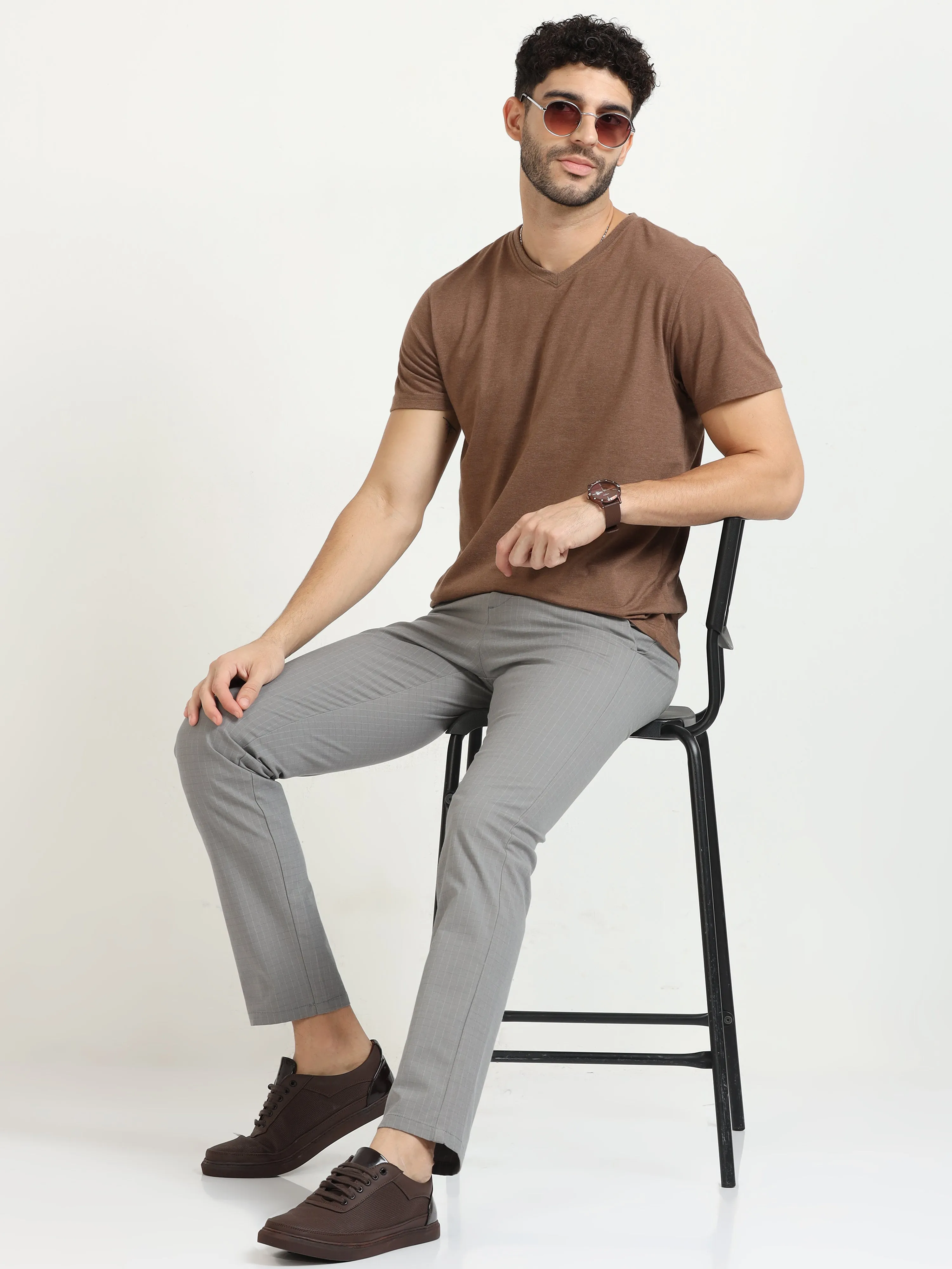 MEN'S GREY CHECKED SLIM FIT TROUSER