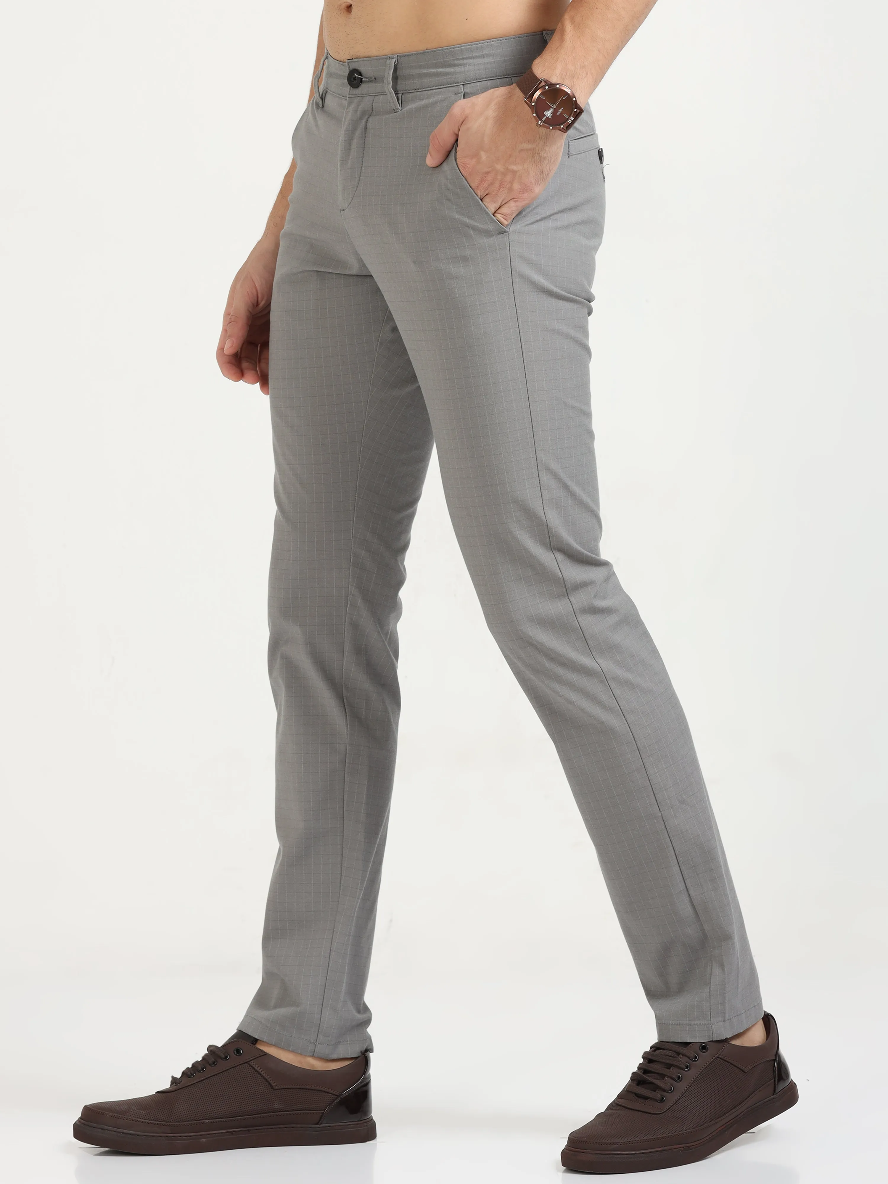 MEN'S GREY CHECKED SLIM FIT TROUSER