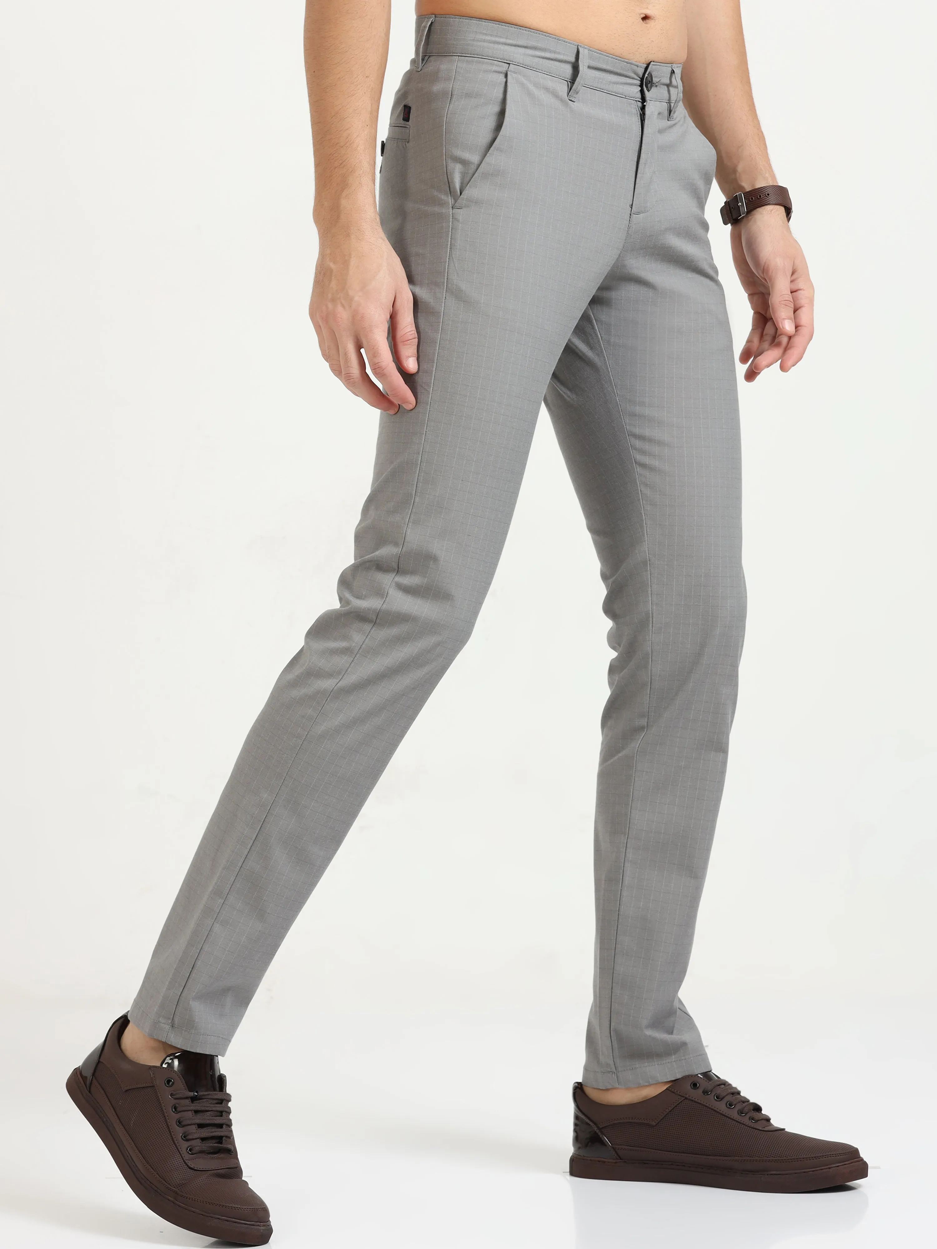MEN'S GREY CHECKED SLIM FIT TROUSER