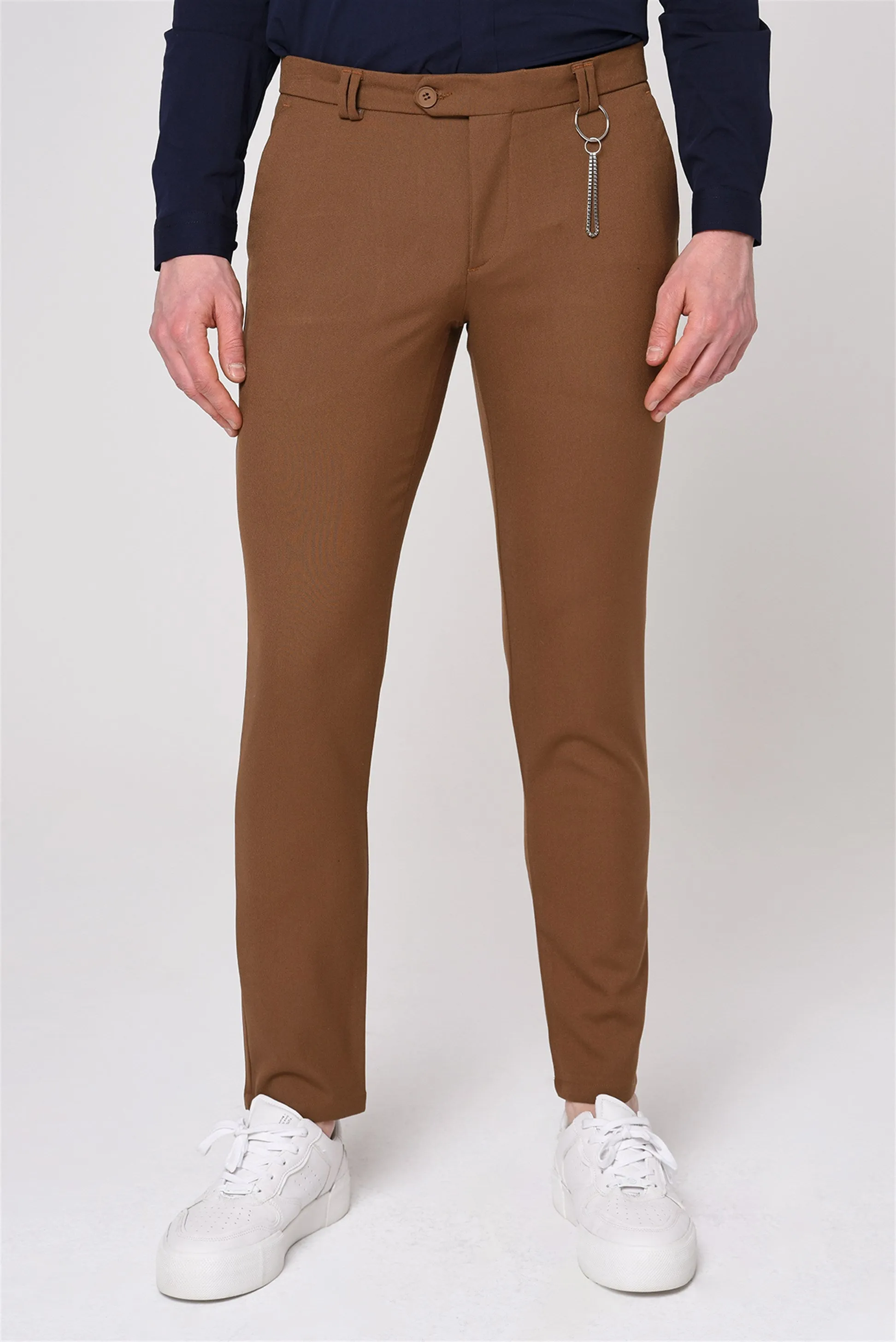 Men's Light Brown Slim Fit Straight Accessory Fabric Trousers - Wessi