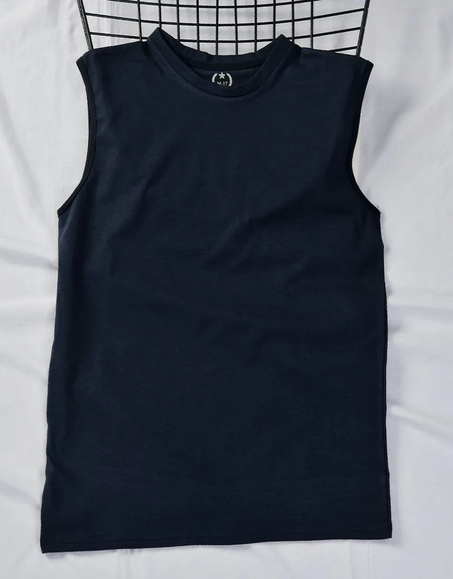Men's Plain Crew Neck Sleeveless Shirt-Navy