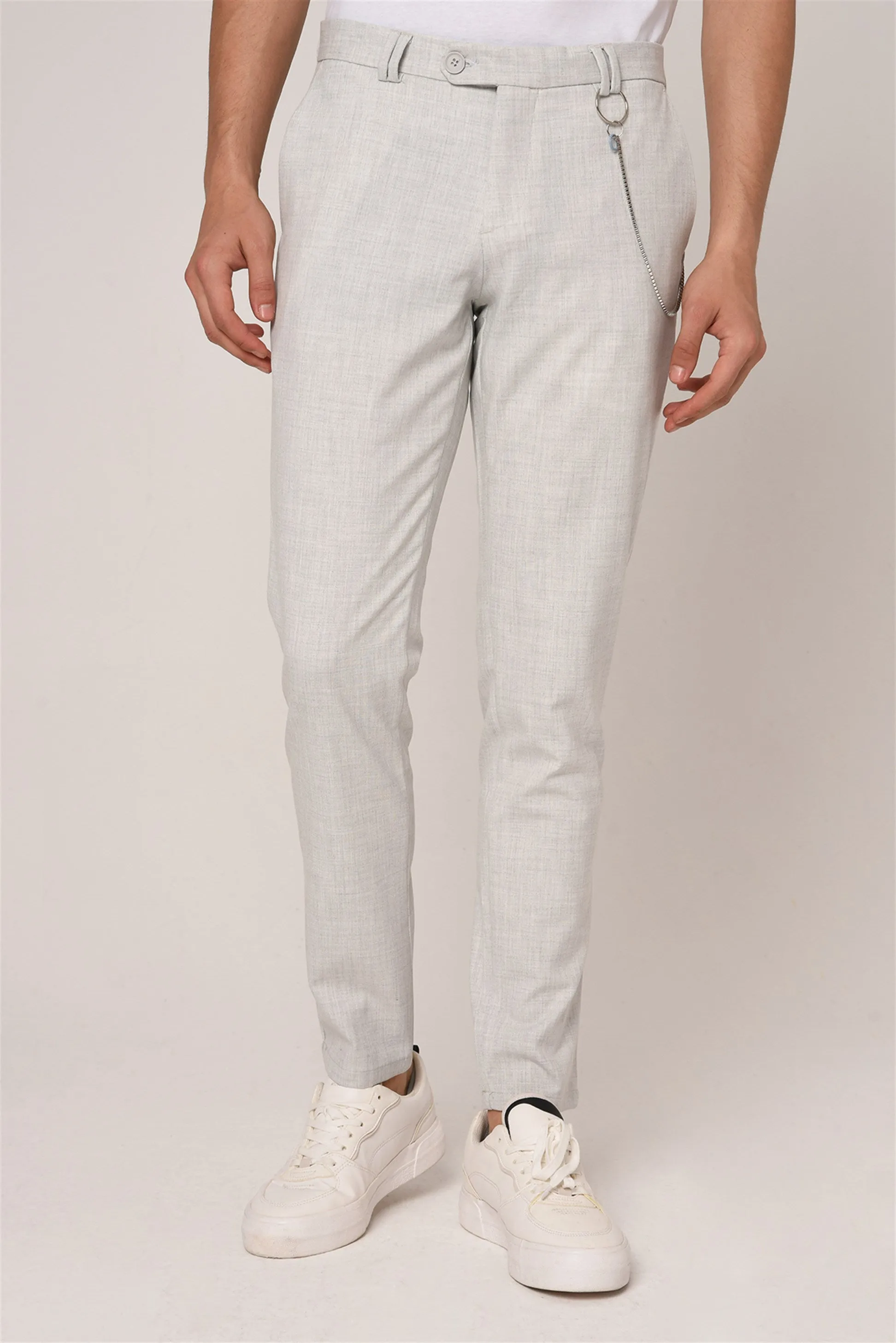 Men's Silver Slim Fit Straight Accessory Fabric Trousers - Wessi