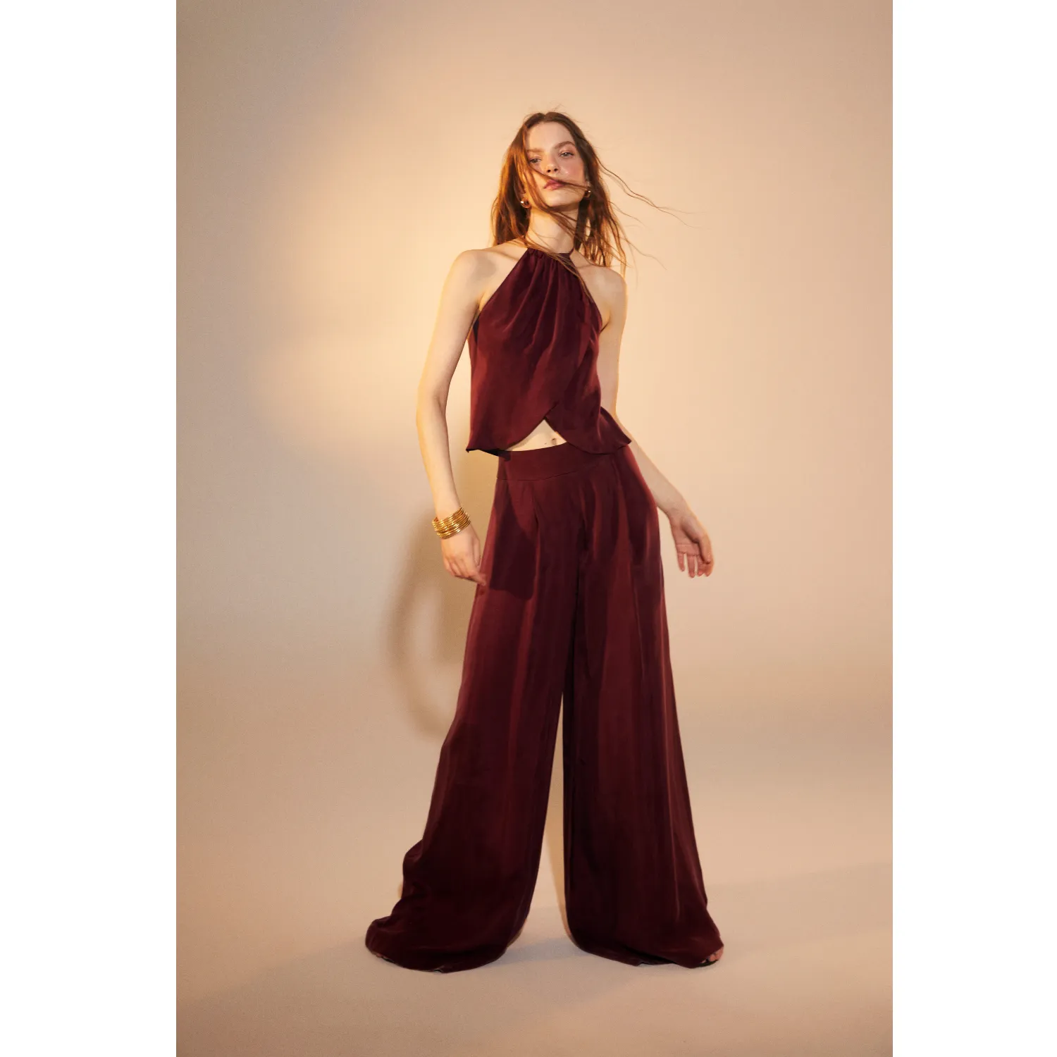Mui Wide-Leg Trousers in Red Plum