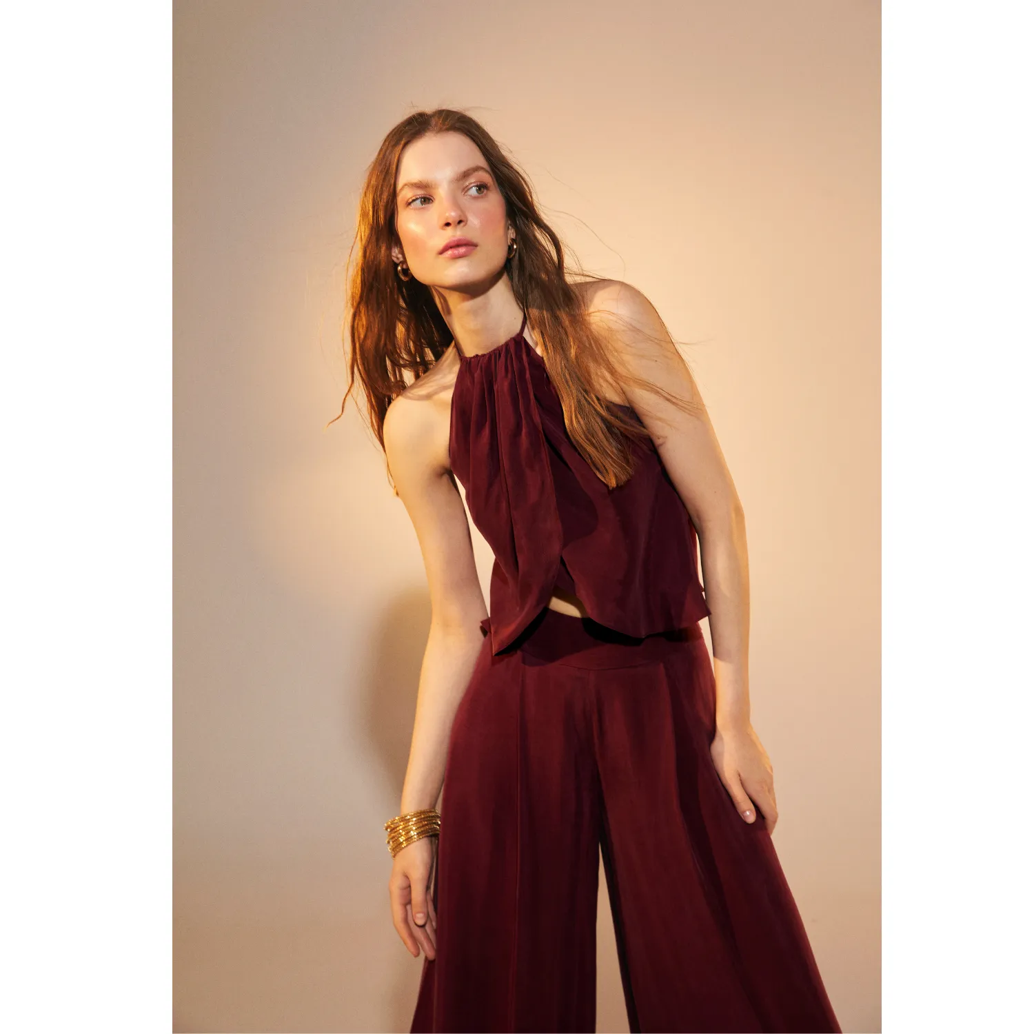 Mui Wide-Leg Trousers in Red Plum