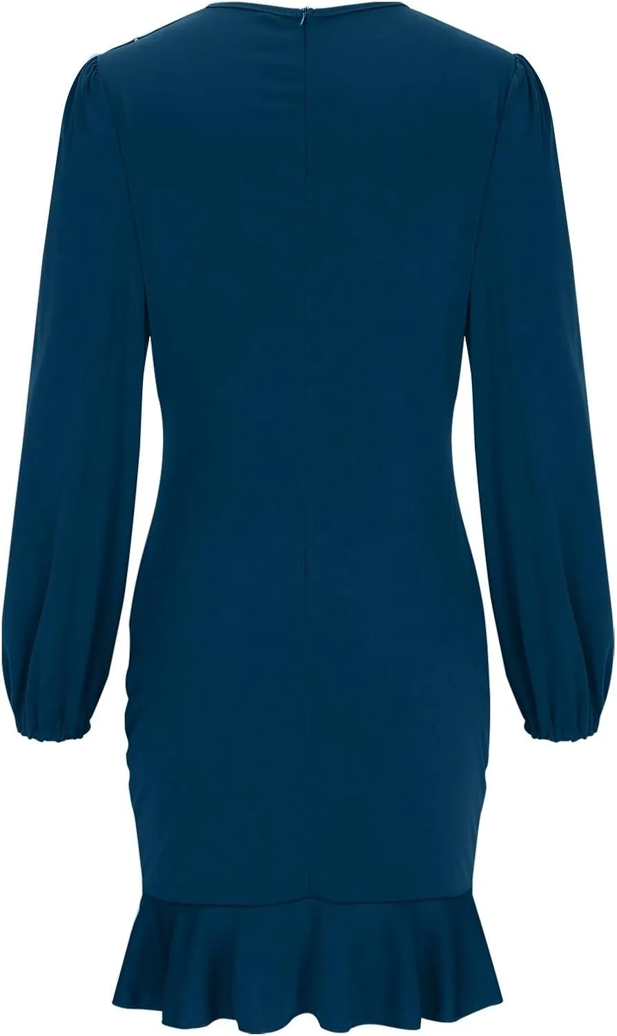 NATHGAM Women Bodycon Mini Dress Elegant Ruched Puff Sleeve Ruffle Hem Crewneck Dress Cocktail Party Work Office Pencil Dress