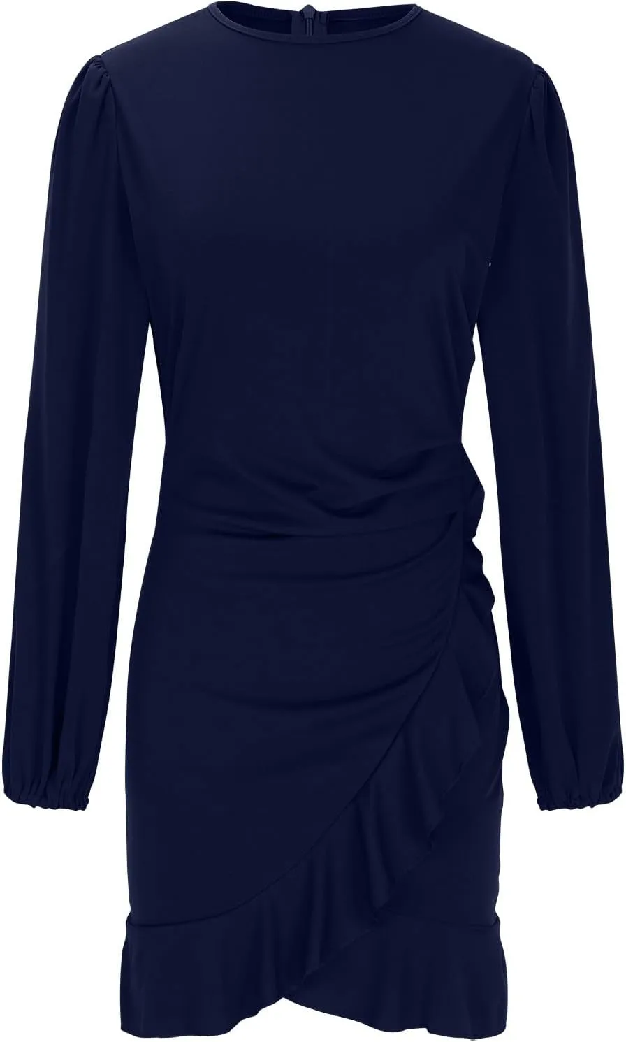 NATHGAM Women Bodycon Mini Dress Elegant Ruched Puff Sleeve Ruffle Hem Crewneck Dress Cocktail Party Work Office Pencil Dress