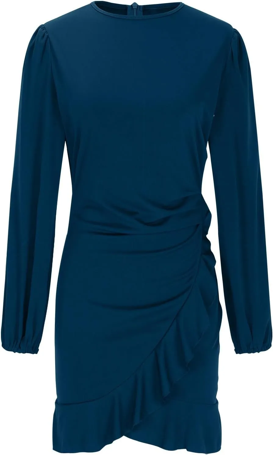 NATHGAM Women Bodycon Mini Dress Elegant Ruched Puff Sleeve Ruffle Hem Crewneck Dress Cocktail Party Work Office Pencil Dress