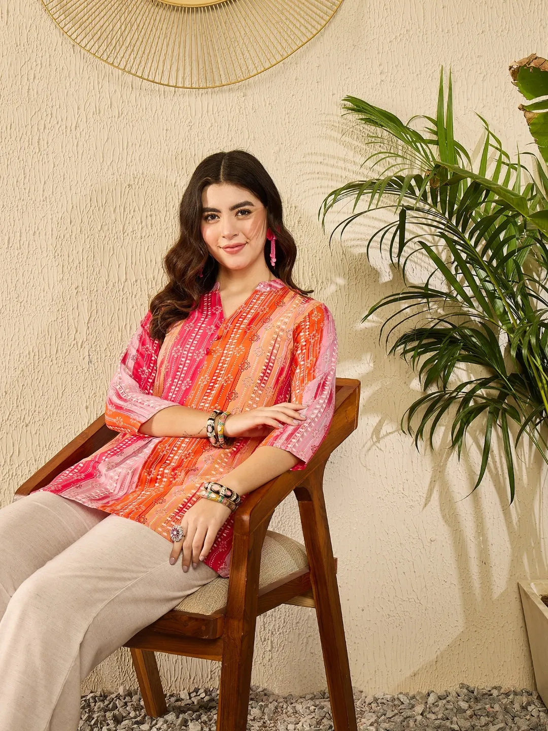 Orange Rayon Blend Floral Printed Tunic Top Only
