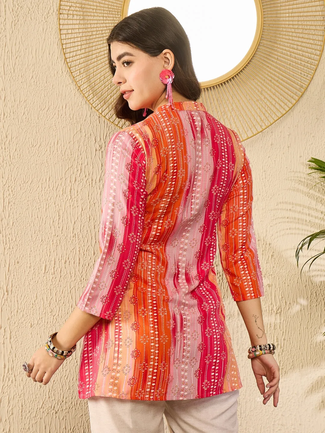 Orange Rayon Blend Floral Printed Tunic Top Only