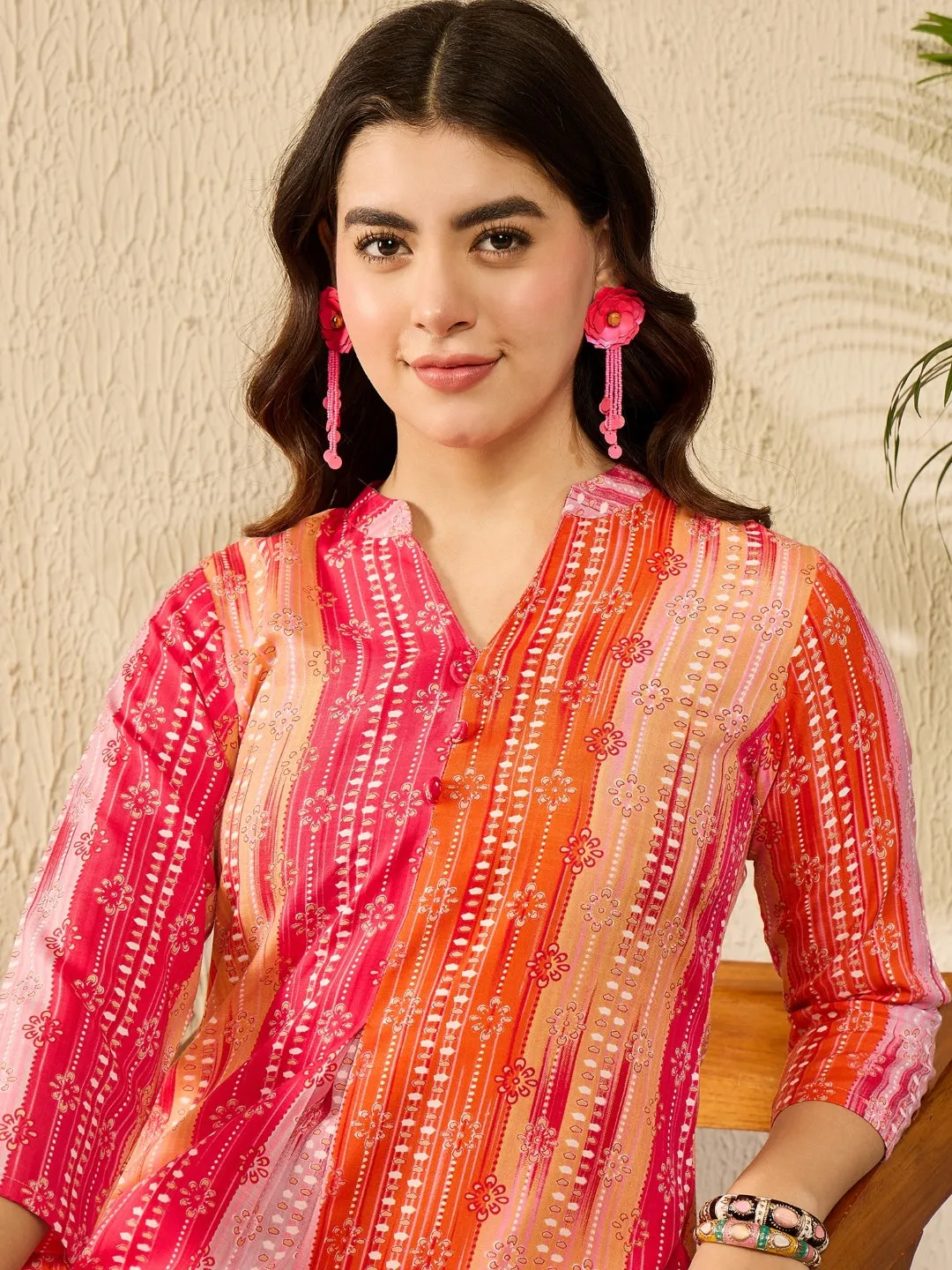 Orange Rayon Blend Floral Printed Tunic Top Only