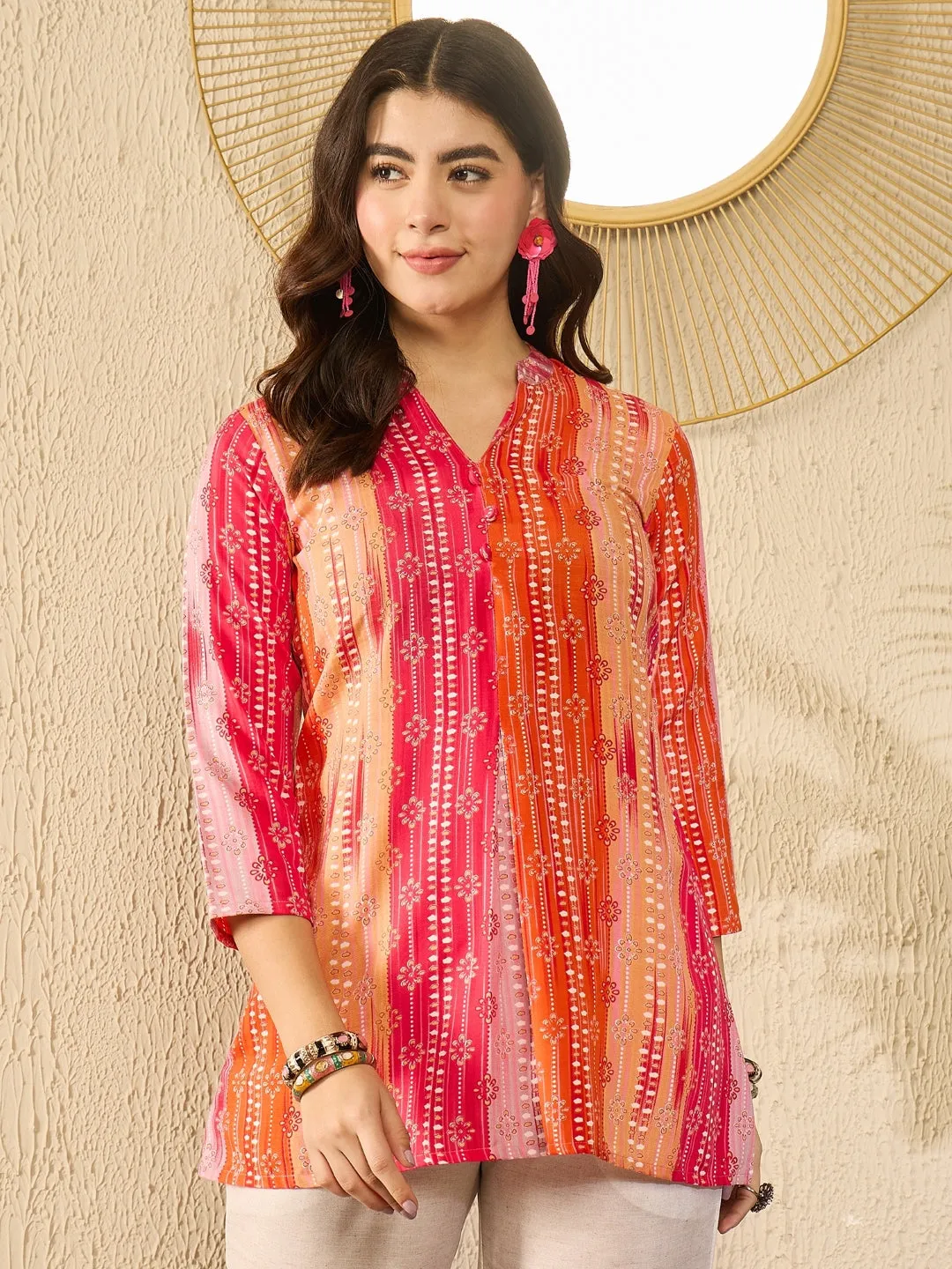 Orange Rayon Blend Floral Printed Tunic Top Only