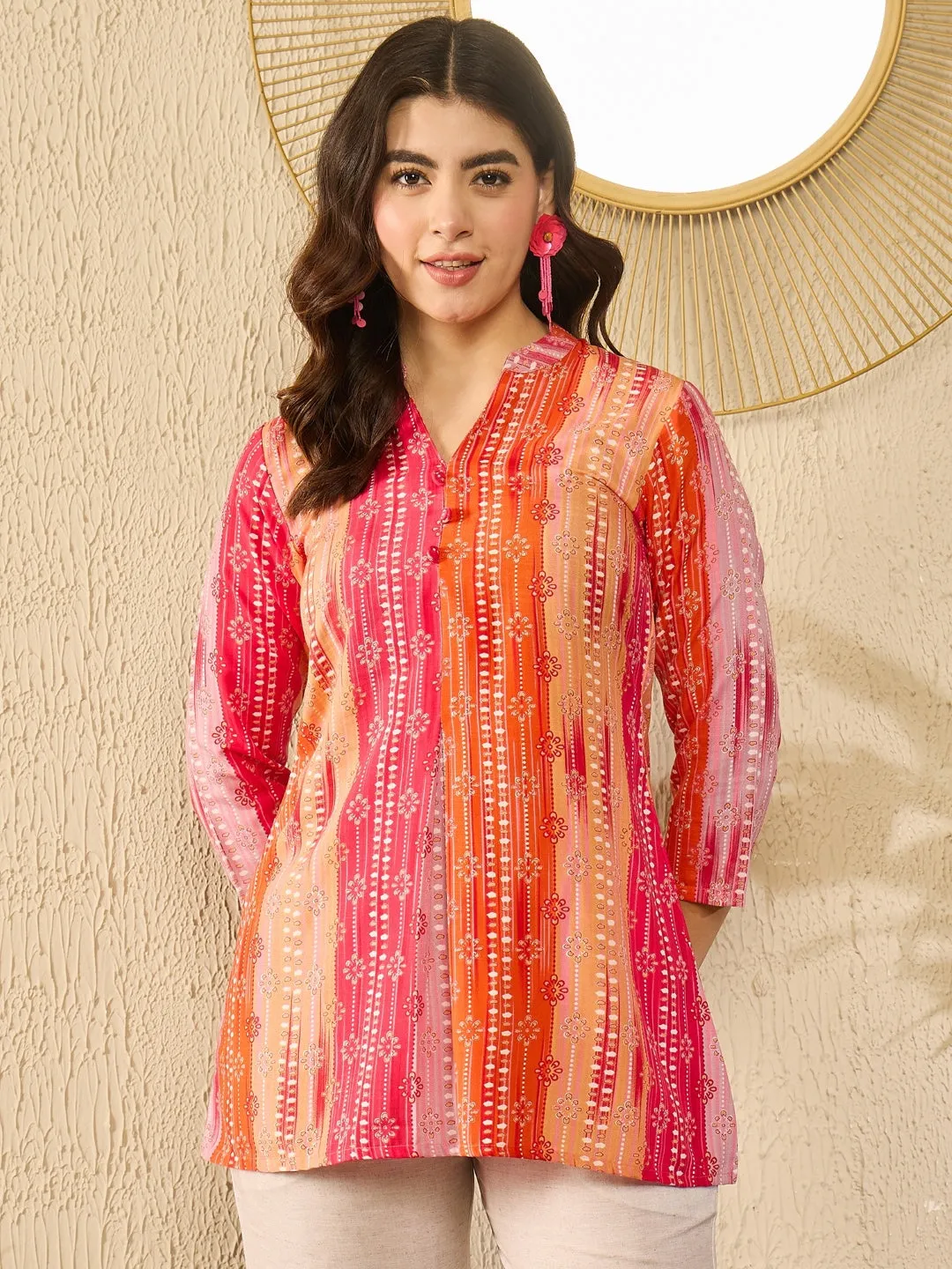 Orange Rayon Blend Floral Printed Tunic Top Only