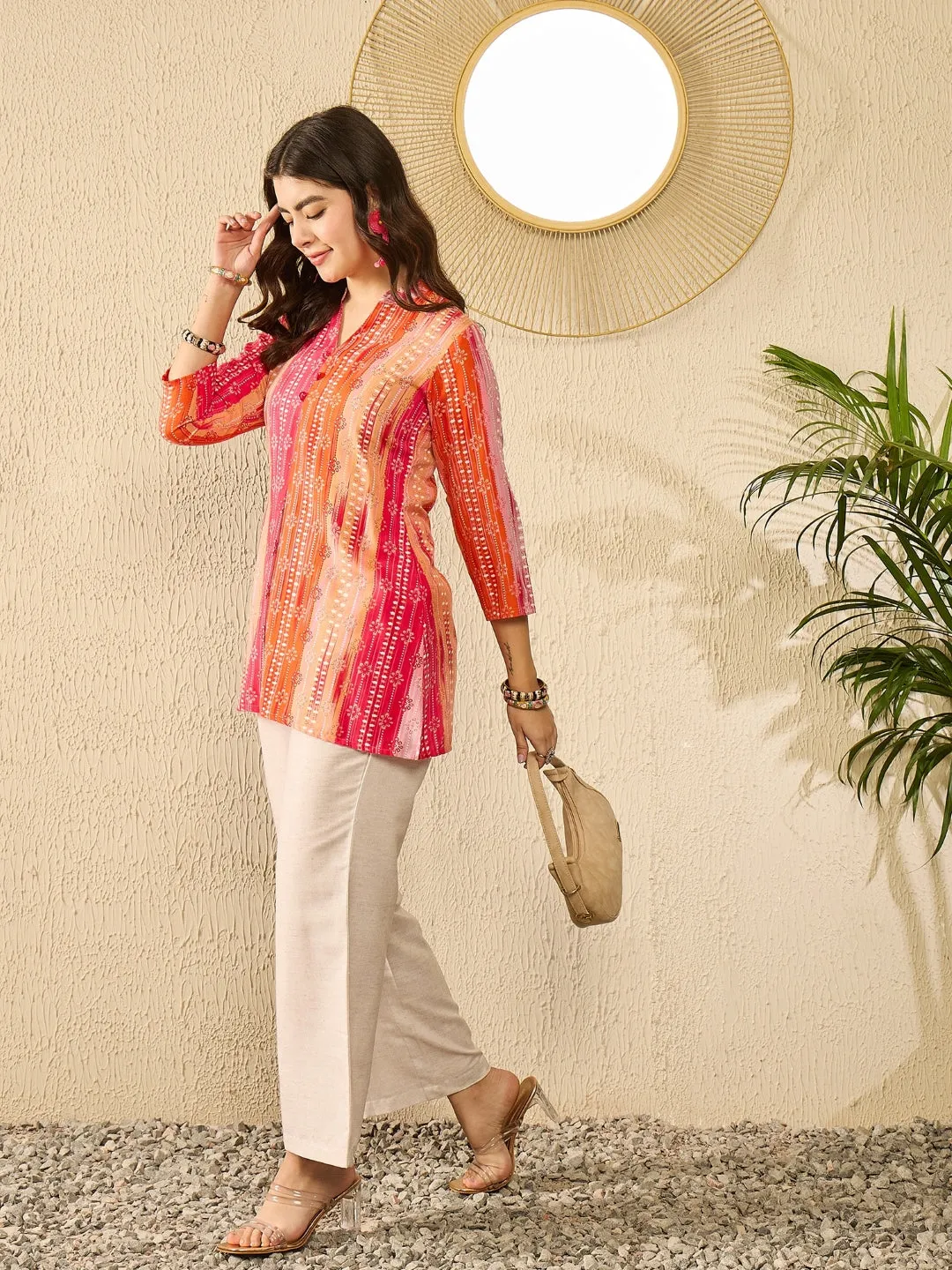 Orange Rayon Blend Floral Printed Tunic Top Only
