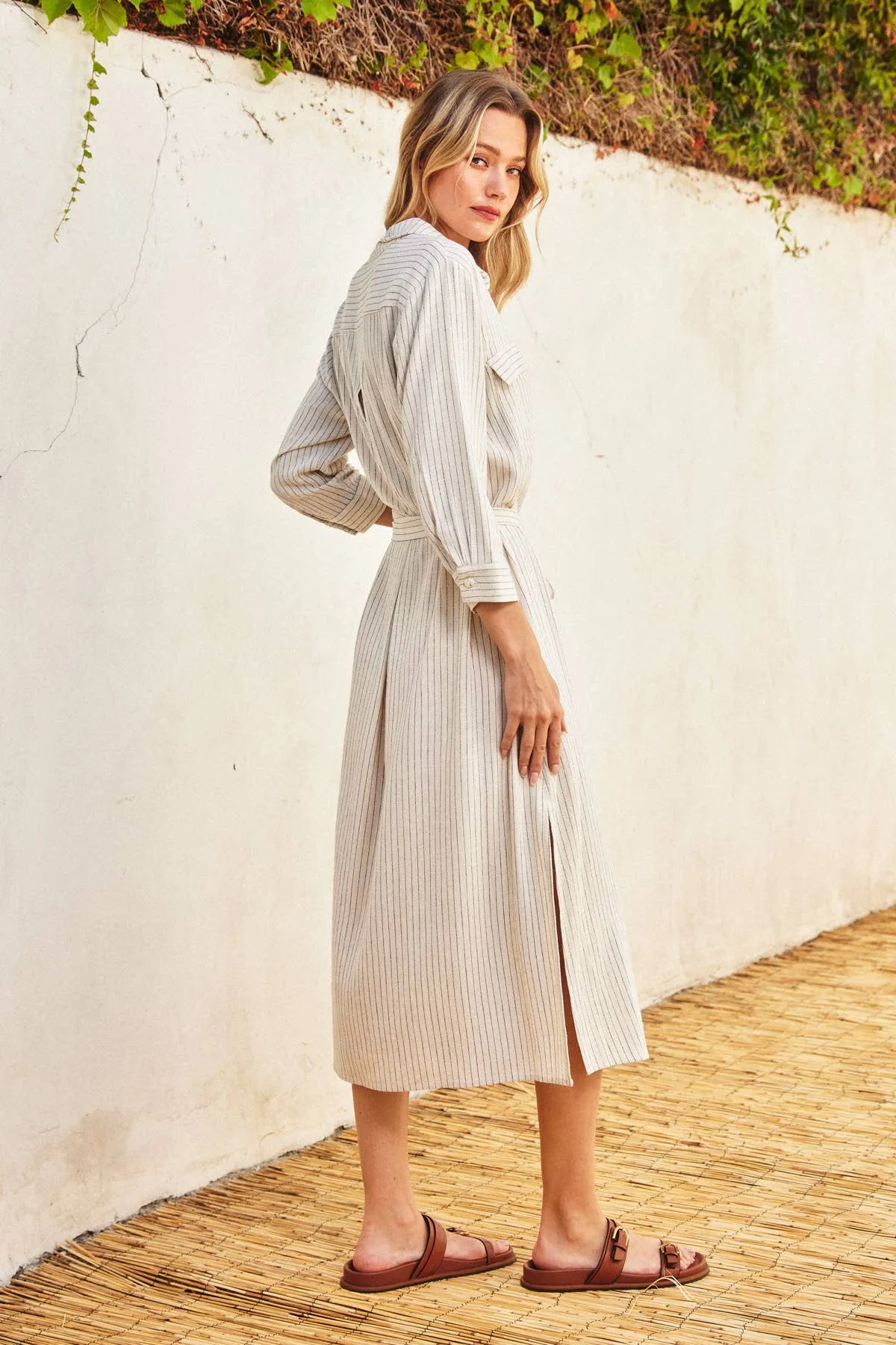 Pinstriped Belted Maxi Shirt Dress