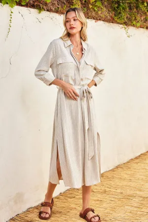 Pinstriped Belted Maxi Shirt Dress