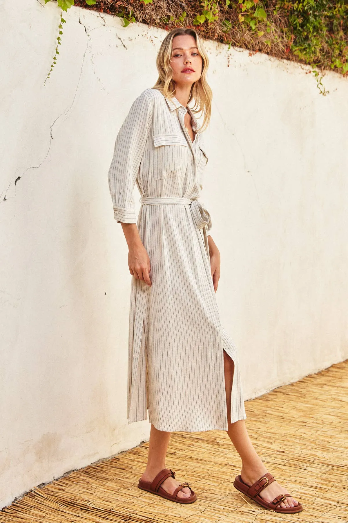 Pinstriped Belted Maxi Shirt Dress