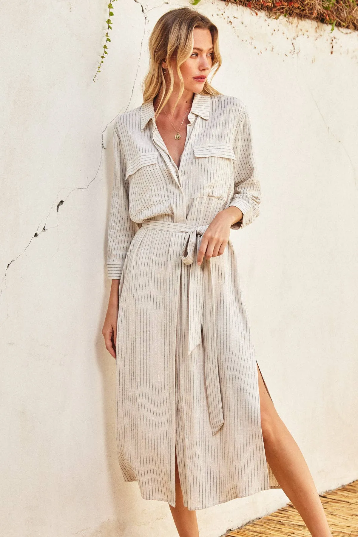 Pinstriped Belted Maxi Shirt Dress