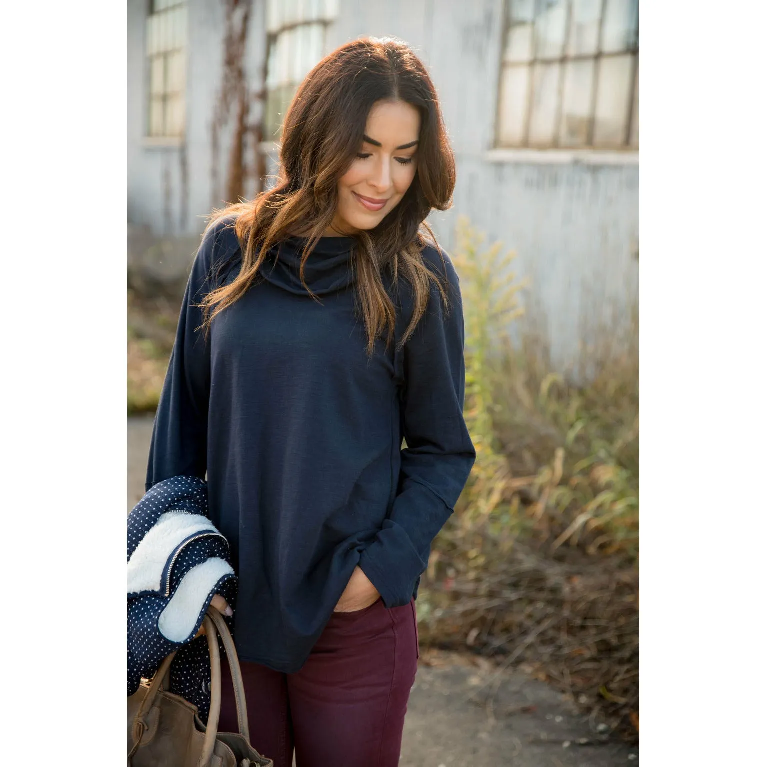 Raw Edge Cowl Neck Tee