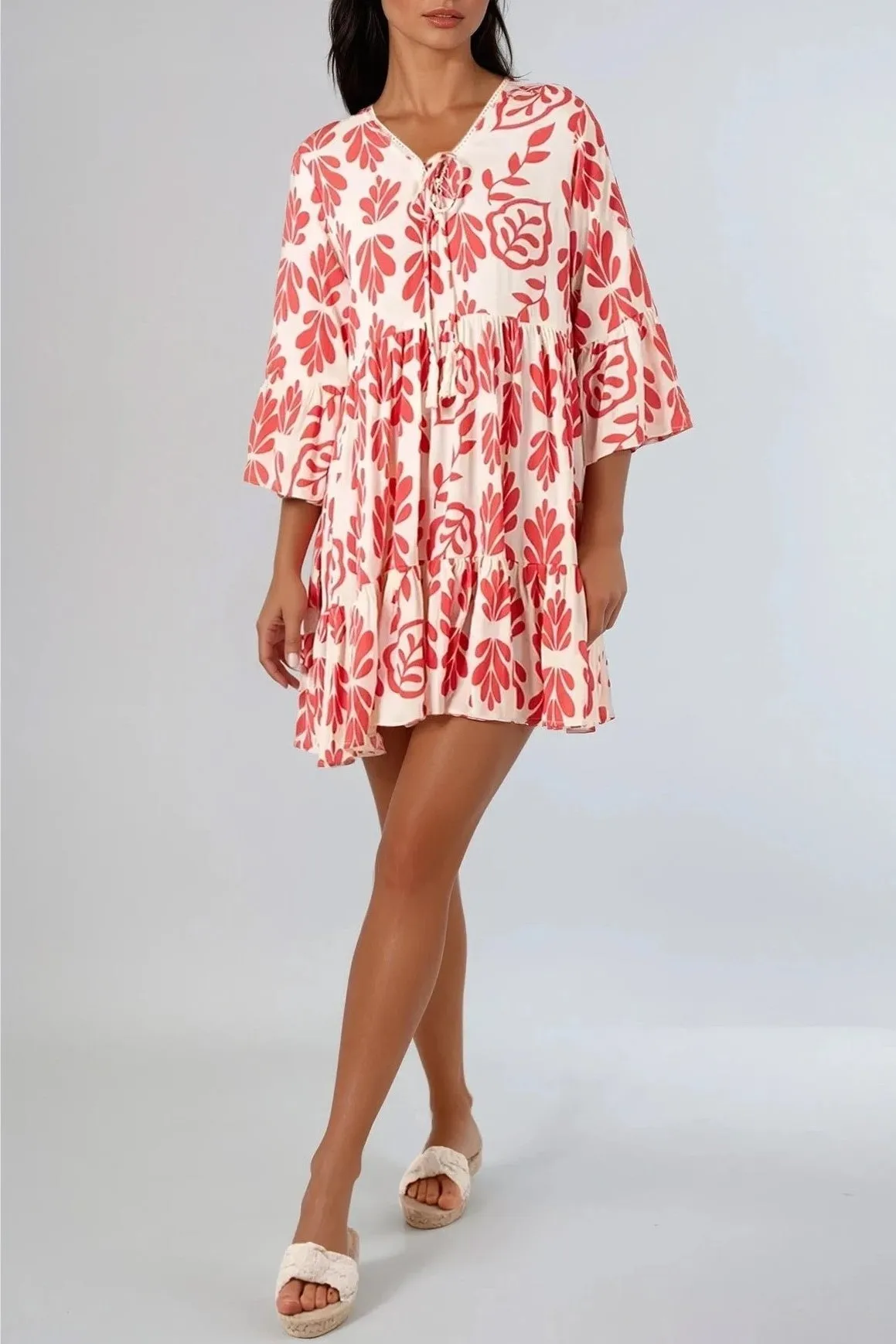 Red Floral Print Beach Smock Dress