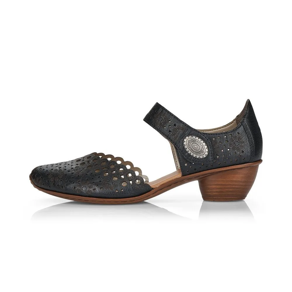 Rieker Bar Shoe 43753-00 BLACK  Smart Heeled Leather Bar Shoe With Touch Fastening