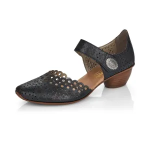 Rieker Bar Shoe 43753-00 BLACK  Smart Heeled Leather Bar Shoe With Touch Fastening